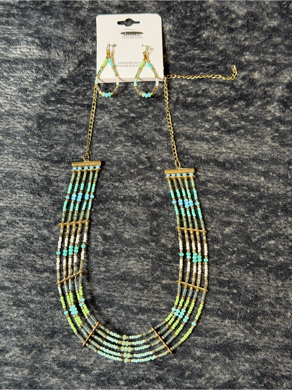 Boho Seed Bead Bib Necklace Earrings Set Gold Tone Statement Festival NWT